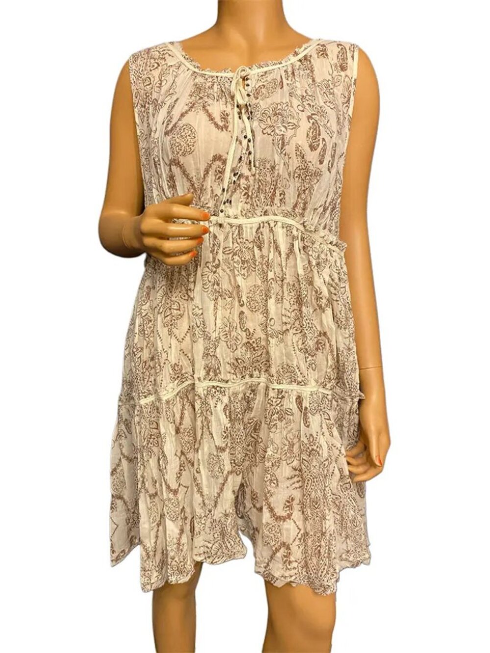 Free People FP One Paisley Print Tiered Mini Dress Cream Brown Size Large